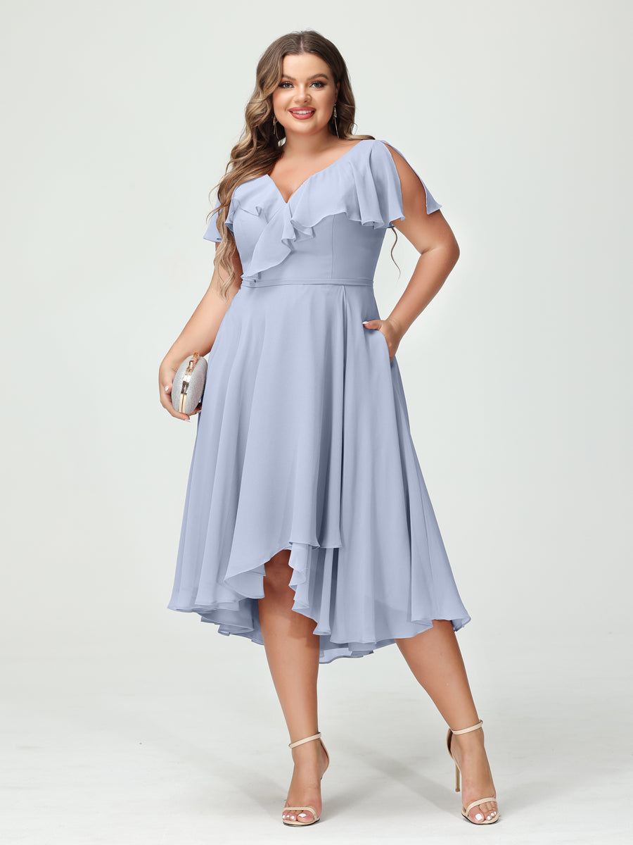 A-Line/Princess V-Neck Short Sleeves Chiffon Ruffles High-Low Plus Size Bridesmaid Dresses with Pockets Lavender