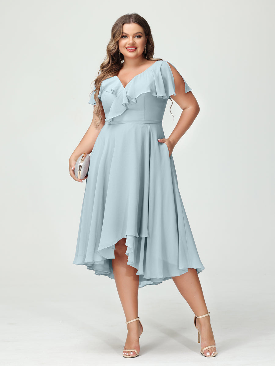 A-Line/Princess V-Neck Short Sleeves Chiffon Ruffles High-Low Plus Size Bridesmaid Dresses with Pockets Light Blue