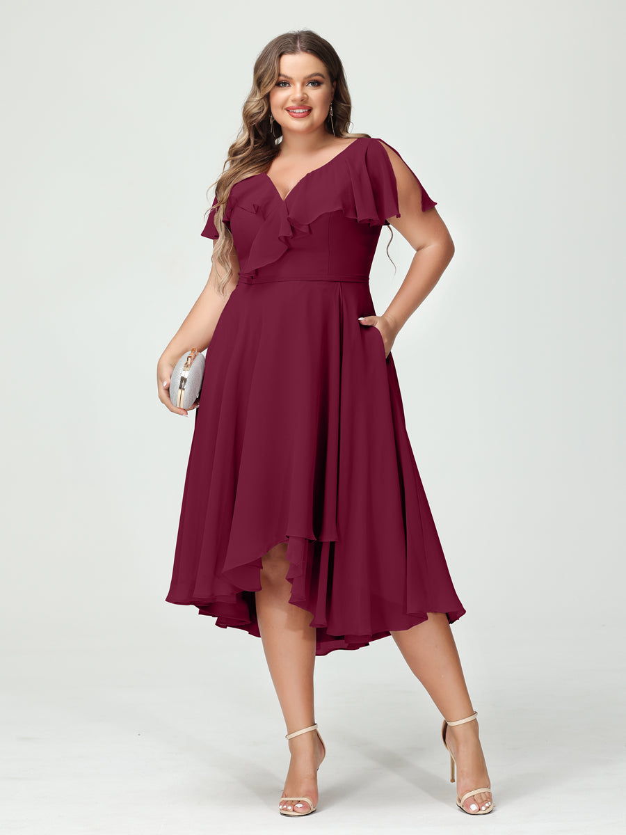A-Line/Princess V-Neck Short Sleeves Chiffon Ruffles High-Low Plus Size Bridesmaid Dresses with Pockets Light Burgundy