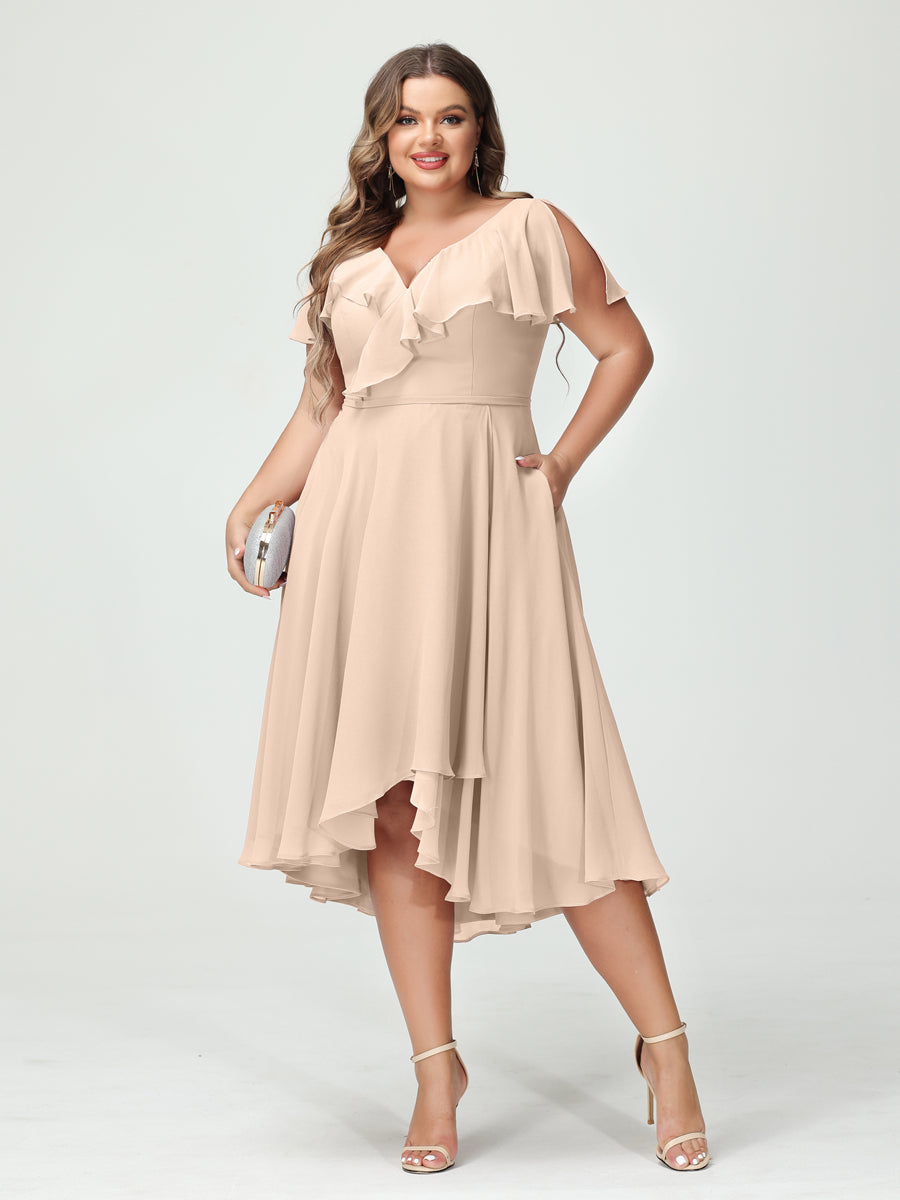 A-Line/Princess V-Neck Short Sleeves Chiffon Ruffles High-Low Plus Size Bridesmaid Dresses with Pockets Light Champagne