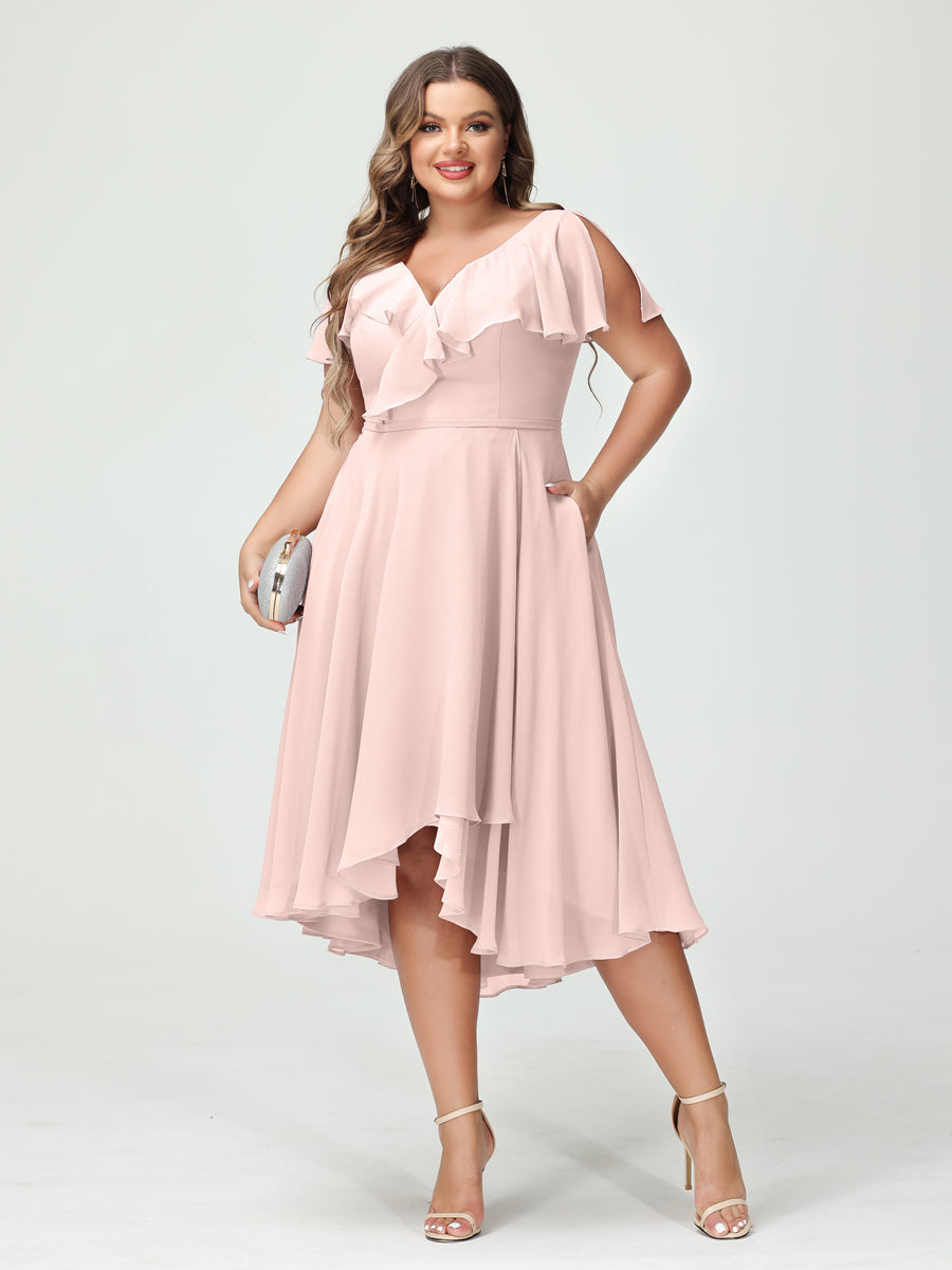 A-Line/Princess V-Neck Short Sleeves Chiffon Ruffles High-Low Plus Size Bridesmaid Dresses with Pockets Light Pink