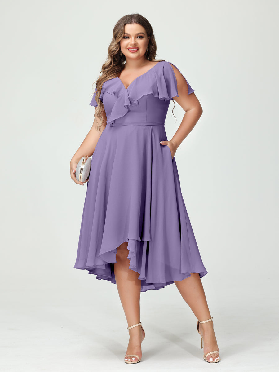 A-Line/Princess V-Neck Short Sleeves Chiffon Ruffles High-Low Plus Size Bridesmaid Dresses with Pockets Light Purple