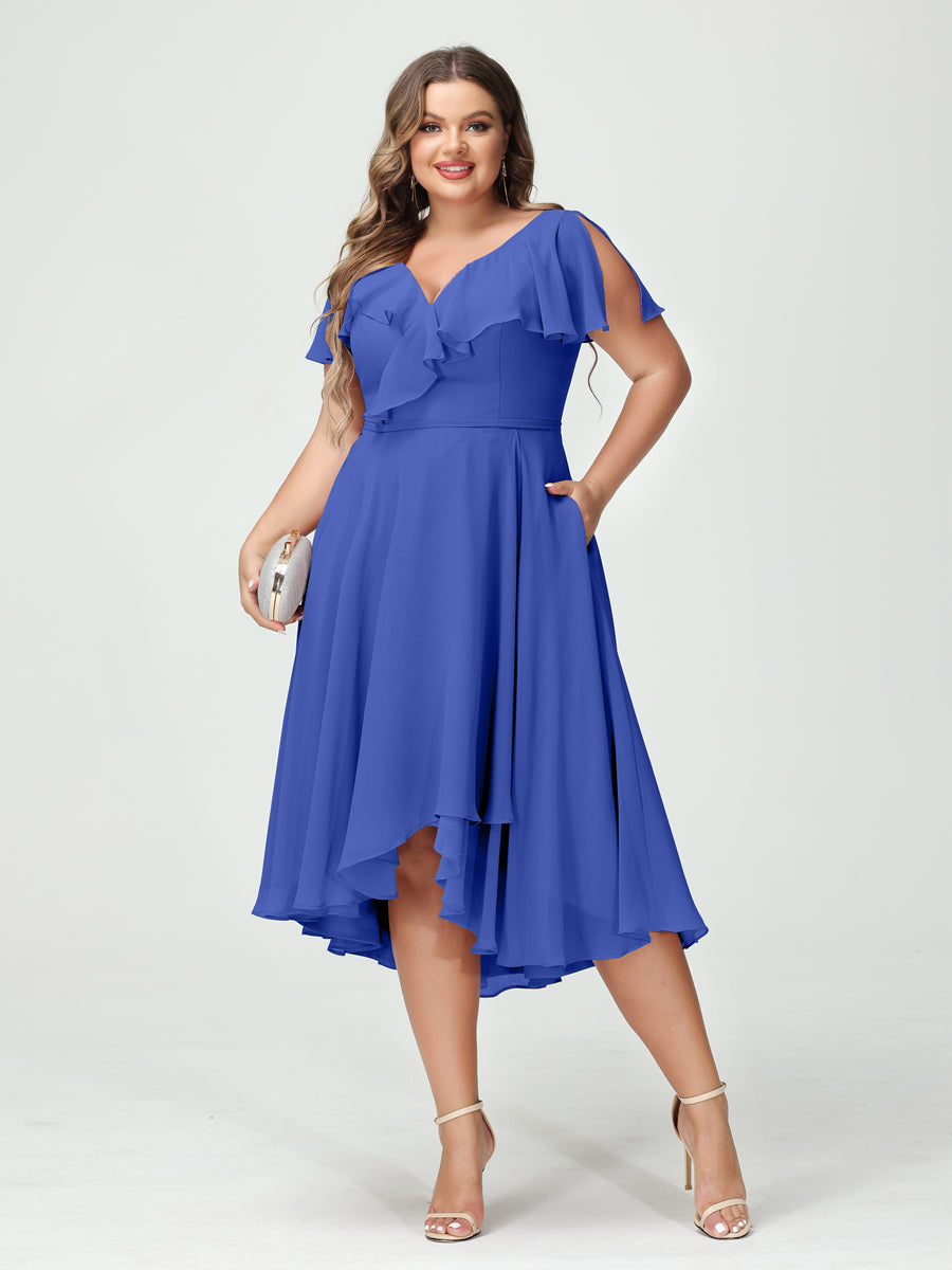 A-Line/Princess V-Neck Short Sleeves Chiffon Ruffles High-Low Plus Size Bridesmaid Dresses with Pockets Light Royal Blue