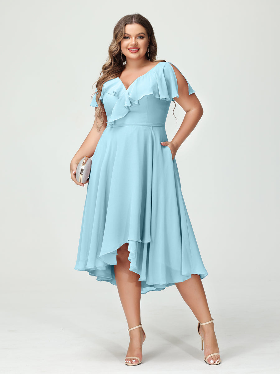 A-Line/Princess V-Neck Short Sleeves Chiffon Ruffles High-Low Plus Size Bridesmaid Dresses with Pockets Light Sky Blue