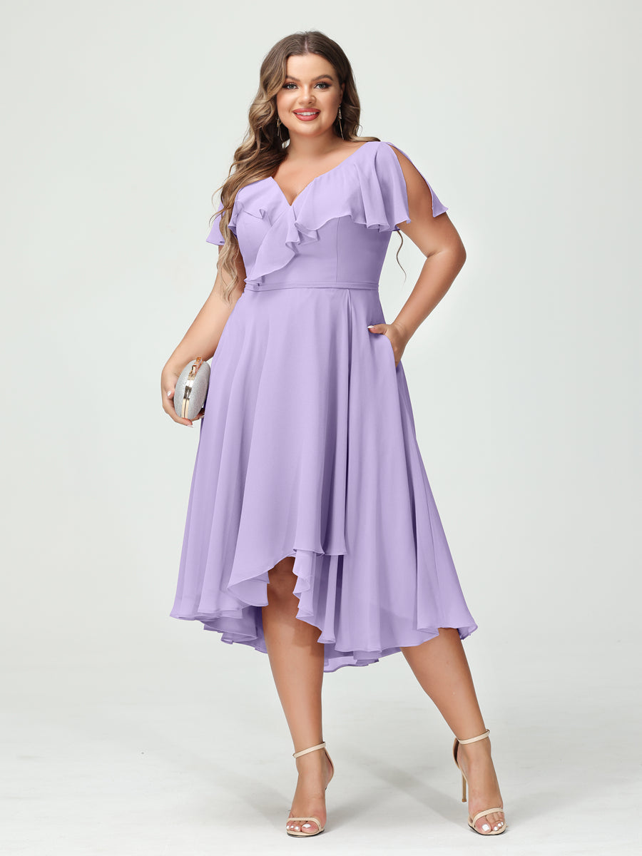 A-Line/Princess V-Neck Short Sleeves Chiffon Ruffles High-Low Plus Size Bridesmaid Dresses with Pockets Lilac