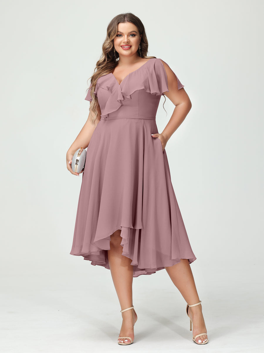 A-Line/Princess V-Neck Short Sleeves Chiffon Ruffles High-Low Plus Size Bridesmaid Dresses with Pockets Mauve