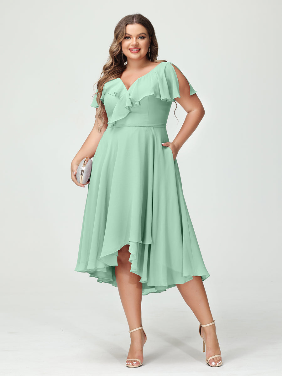 A-Line/Princess V-Neck Short Sleeves Chiffon Ruffles High-Low Plus Size Bridesmaid Dresses with Pockets Mint Green
