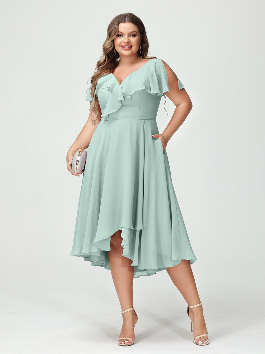 A-Line/Princess V-Neck Short Sleeves Chiffon Ruffles High-Low Plus Size Bridesmaid Dresses with Pockets Mist Blue