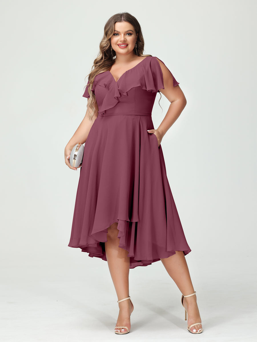 A-Line/Princess V-Neck Short Sleeves Chiffon Ruffles High-Low Plus Size Bridesmaid Dresses with Pockets Mulberry