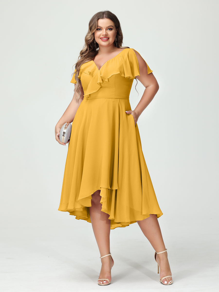A-Line/Princess V-Neck Short Sleeves Chiffon Ruffles High-Low Plus Size Bridesmaid Dresses with Pockets Mustard Yellow
