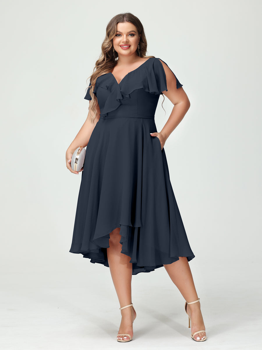 A-Line/Princess V-Neck Short Sleeves Chiffon Ruffles High-Low Plus Size Bridesmaid Dresses with Pockets Navy Blue