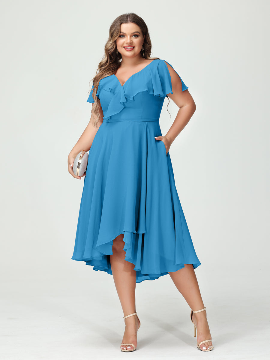 A-Line/Princess V-Neck Short Sleeves Chiffon Ruffles High-Low Plus Size Bridesmaid Dresses with Pockets Ocean Blue