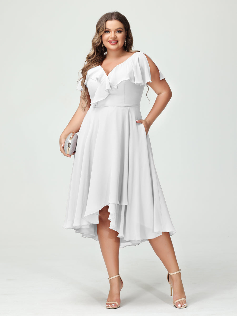 A-Line/Princess V-Neck Short Sleeves Chiffon Ruffles High-Low Plus Size Bridesmaid Dresses with Pockets Off White