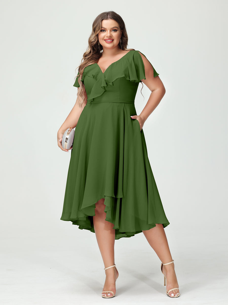 A-Line/Princess V-Neck Short Sleeves Chiffon Ruffles High-Low Plus Size Bridesmaid Dresses with Pockets Olive Green