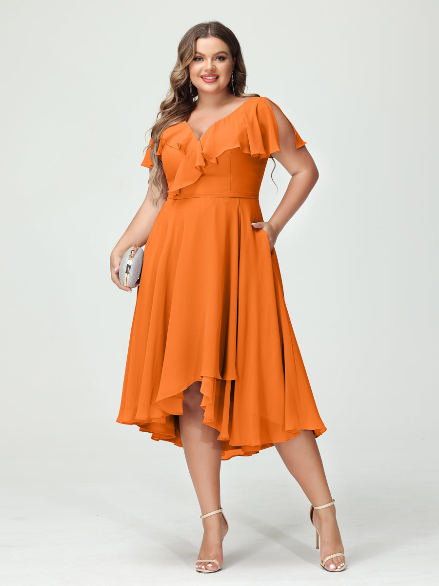 A-Line/Princess V-Neck Short Sleeves Chiffon Ruffles High-Low Plus Size Bridesmaid Dresses with Pockets Orange