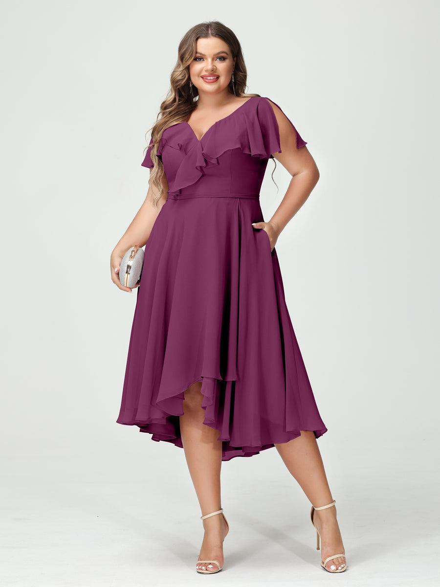 A-Line/Princess V-Neck Short Sleeves Chiffon Ruffles High-Low Plus Size Bridesmaid Dresses with Pockets Orchid