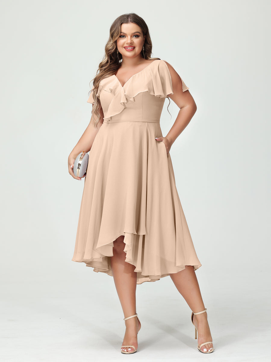 A-Line/Princess V-Neck Short Sleeves Chiffon Ruffles High-Low Plus Size Bridesmaid Dresses with Pockets Peach Pink