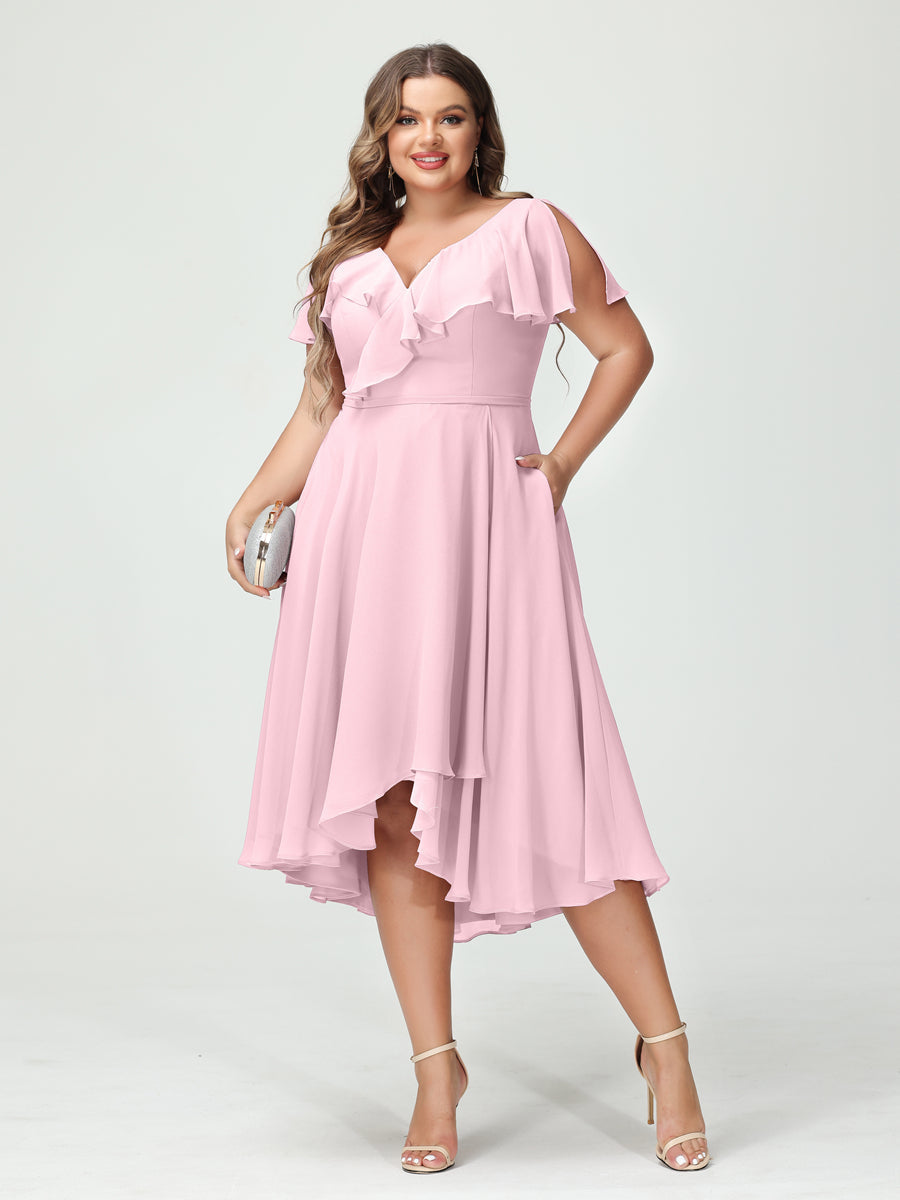 A-Line/Princess V-Neck Short Sleeves Chiffon Ruffles High-Low Plus Size Bridesmaid Dresses with Pockets Pink