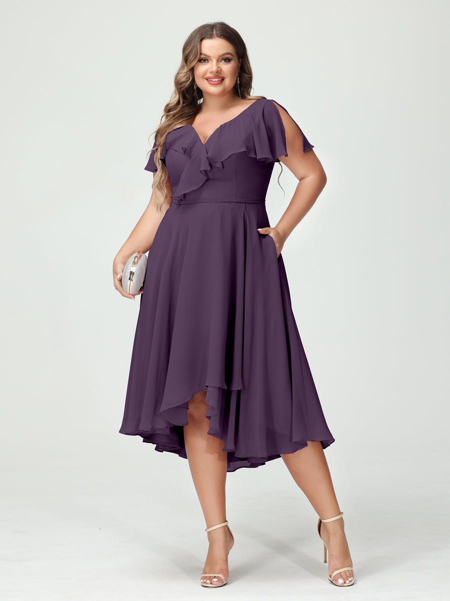 A-Line/Princess V-Neck Short Sleeves Chiffon Ruffles High-Low Plus Size Bridesmaid Dresses with Pockets Plum