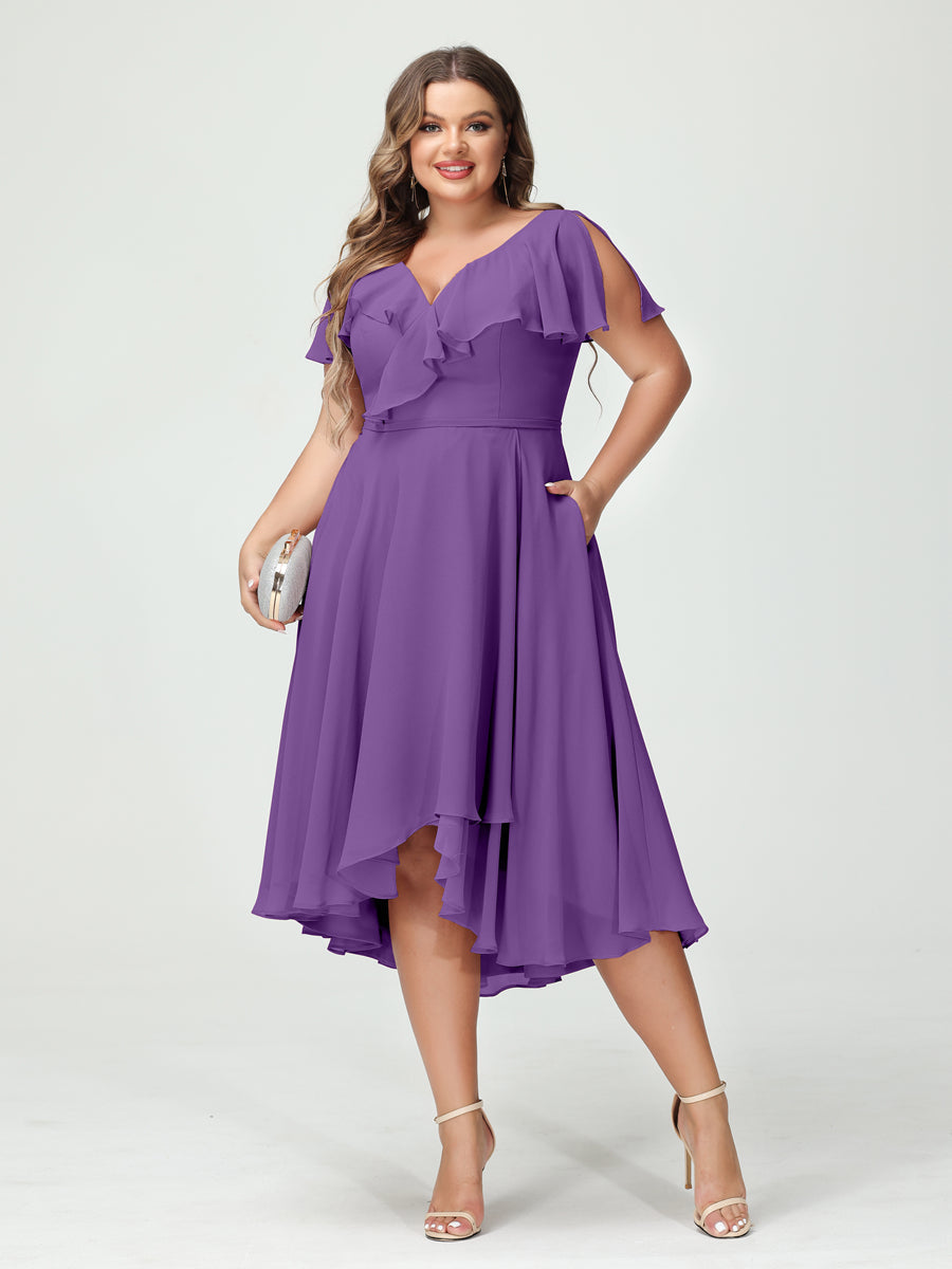 A-Line/Princess V-Neck Short Sleeves Chiffon Ruffles High-Low Plus Size Bridesmaid Dresses with Pockets Purple