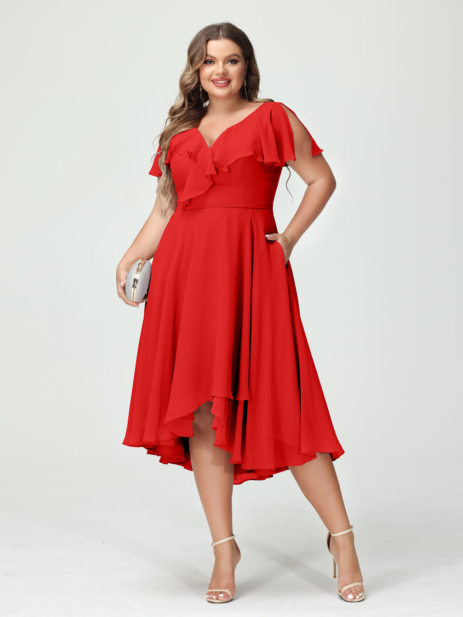 A-Line/Princess V-Neck Short Sleeves Chiffon Ruffles High-Low Plus Size Bridesmaid Dresses with Pockets Red