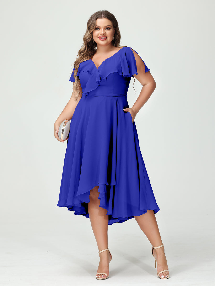 A-Line/Princess V-Neck Short Sleeves Chiffon Ruffles High-Low Plus Size Bridesmaid Dresses with Pockets Royal Blue