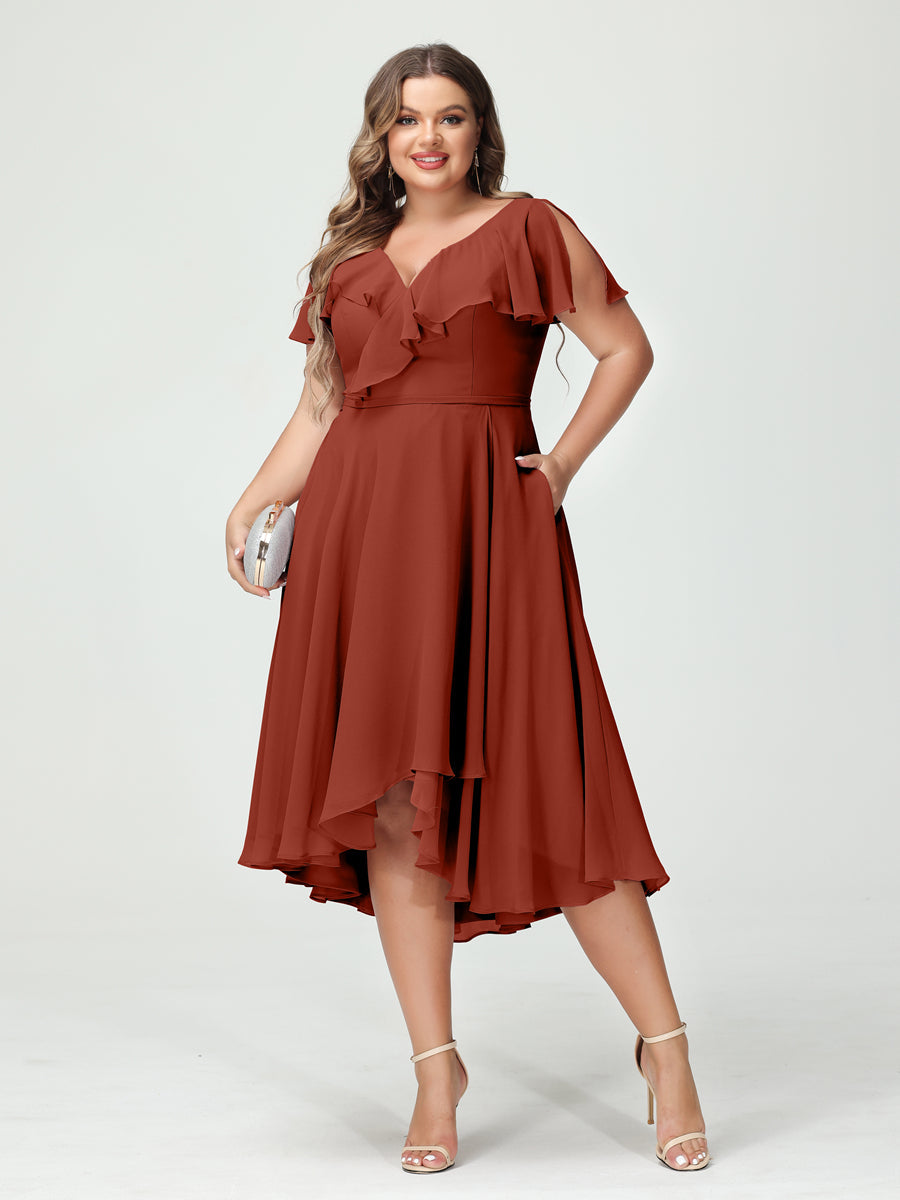 A-Line/Princess V-Neck Short Sleeves Chiffon Ruffles High-Low Plus Size Bridesmaid Dresses with Pockets Rust