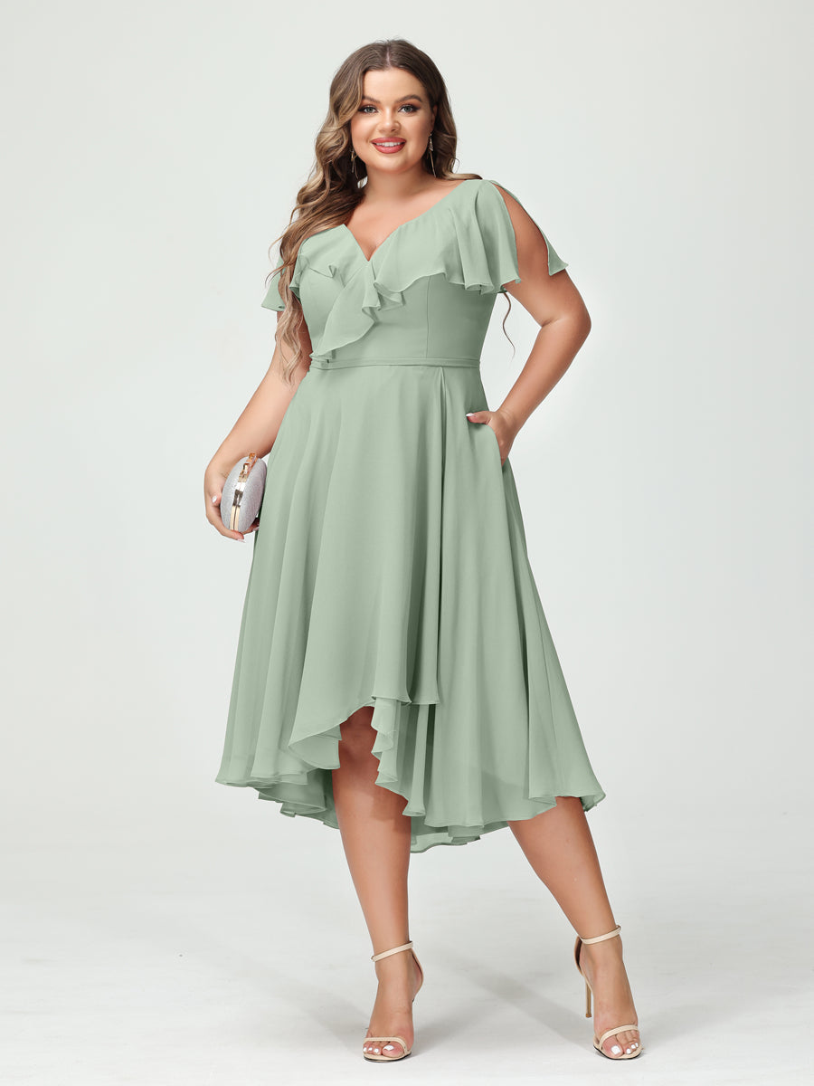 A-Line/Princess V-Neck Short Sleeves Chiffon Ruffles High-Low Plus Size Bridesmaid Dresses with Pockets Sage