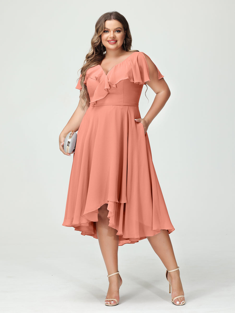 A-Line/Princess V-Neck Short Sleeves Chiffon Ruffles High-Low Plus Size Bridesmaid Dresses with Pockets Salmon