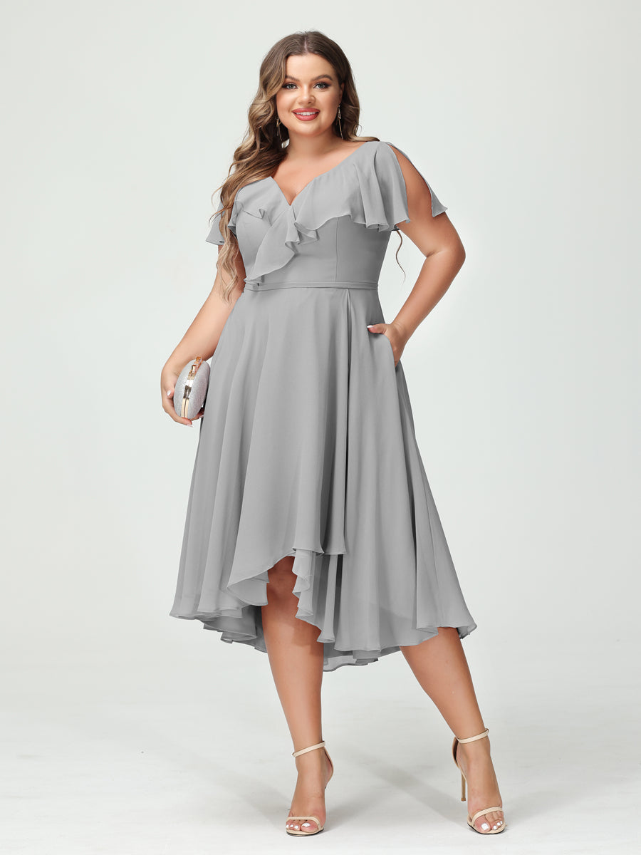 A-Line/Princess V-Neck Short Sleeves Chiffon Ruffles High-Low Plus Size Bridesmaid Dresses with Pockets Silver