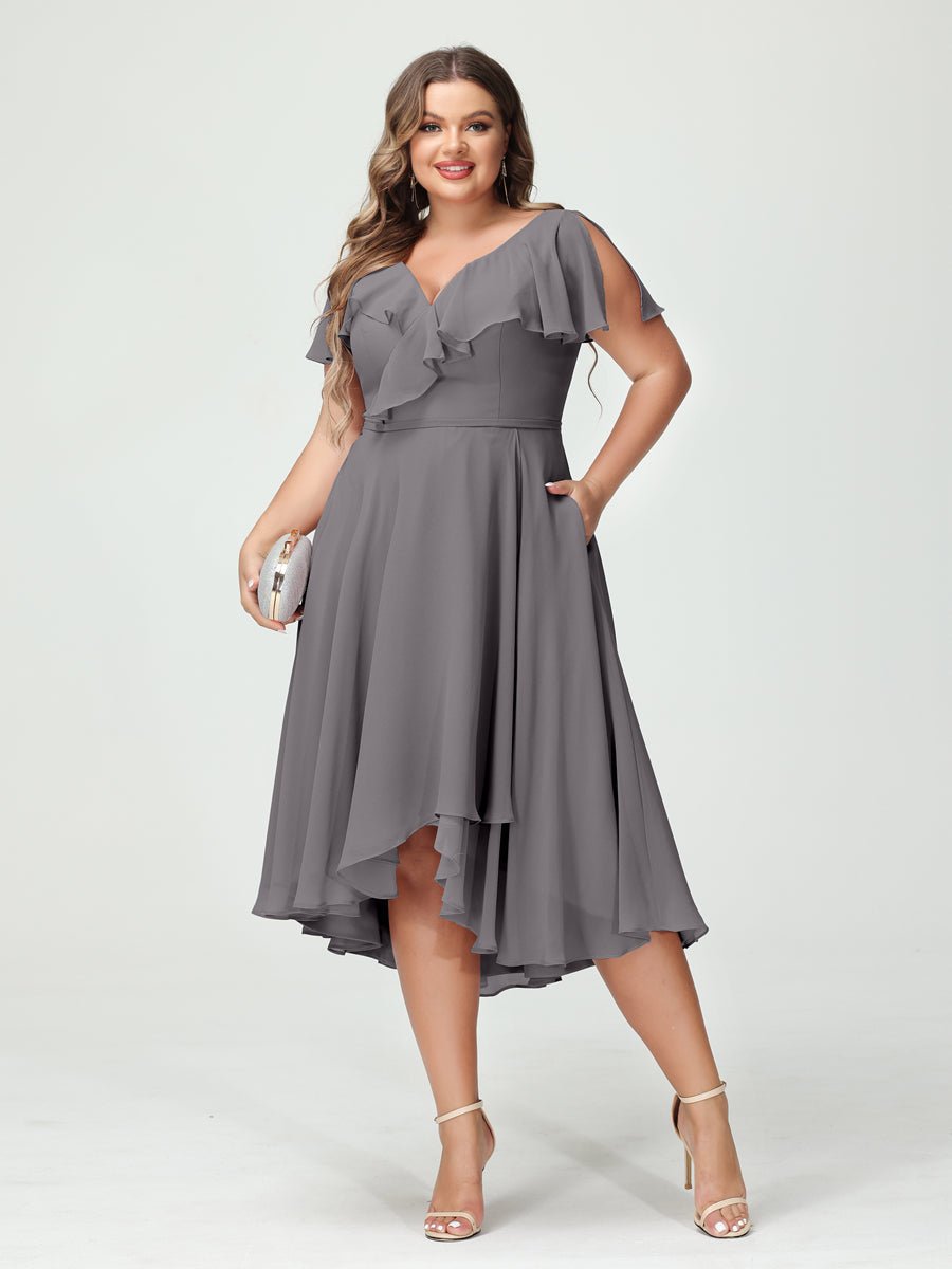 A-Line/Princess V-Neck Short Sleeves Chiffon Ruffles High-Low Plus Size Bridesmaid Dresses with Pockets Silver Gray