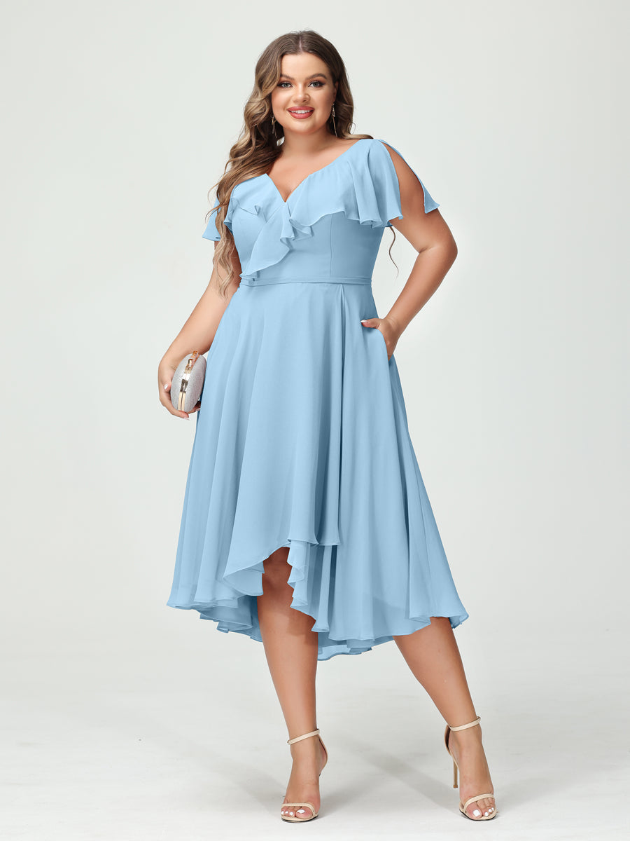 A-Line/Princess V-Neck Short Sleeves Chiffon Ruffles High-Low Plus Size Bridesmaid Dresses with Pockets Sky Blue