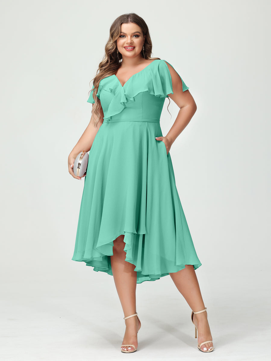 A-Line/Princess V-Neck Short Sleeves Chiffon Ruffles High-Low Plus Size Bridesmaid Dresses with Pockets Spa