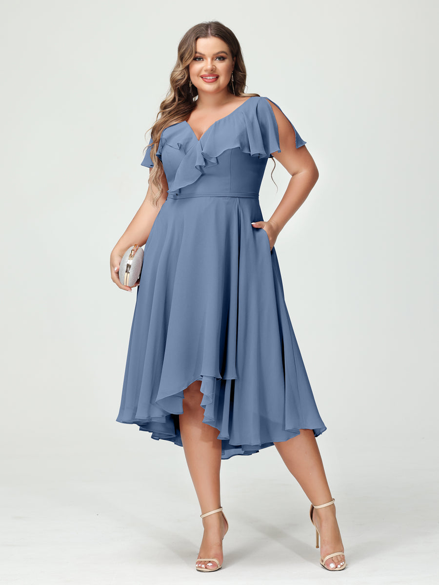 A-Line/Princess V-Neck Short Sleeves Chiffon Ruffles High-Low Plus Size Bridesmaid Dresses with Pockets Steel Blue