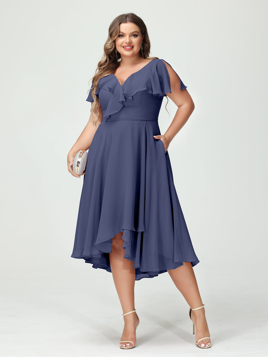 A-Line/Princess V-Neck Short Sleeves Chiffon Ruffles High-Low Plus Size Bridesmaid Dresses with Pockets Stormy Blue