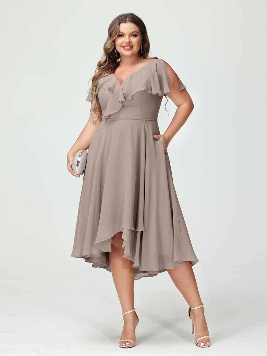 A-Line/Princess V-Neck Short Sleeves Chiffon Ruffles High-Low Plus Size Bridesmaid Dresses with Pockets Taupe