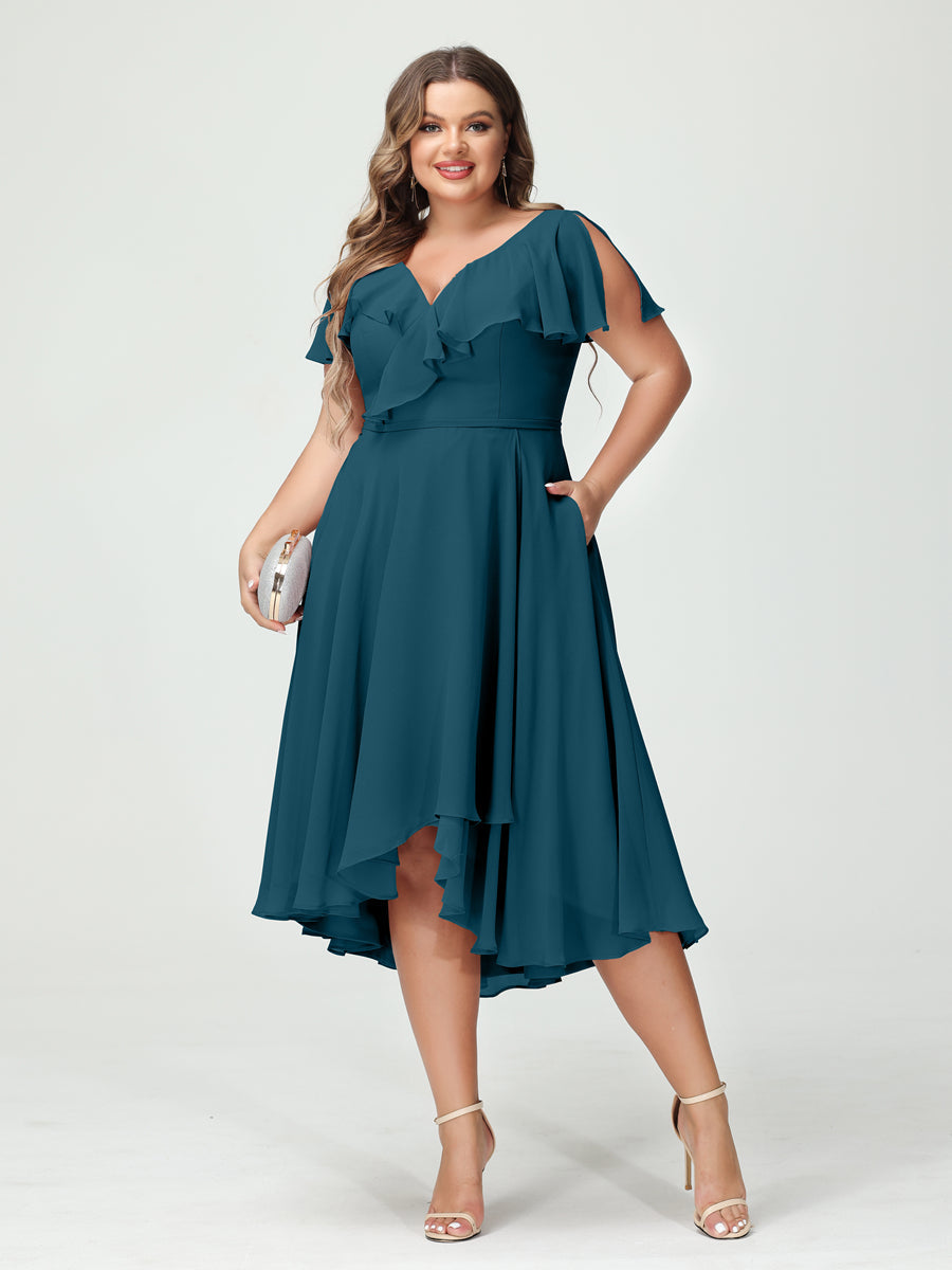 A-Line/Princess V-Neck Short Sleeves Chiffon Ruffles High-Low Plus Size Bridesmaid Dresses with Pockets Teal