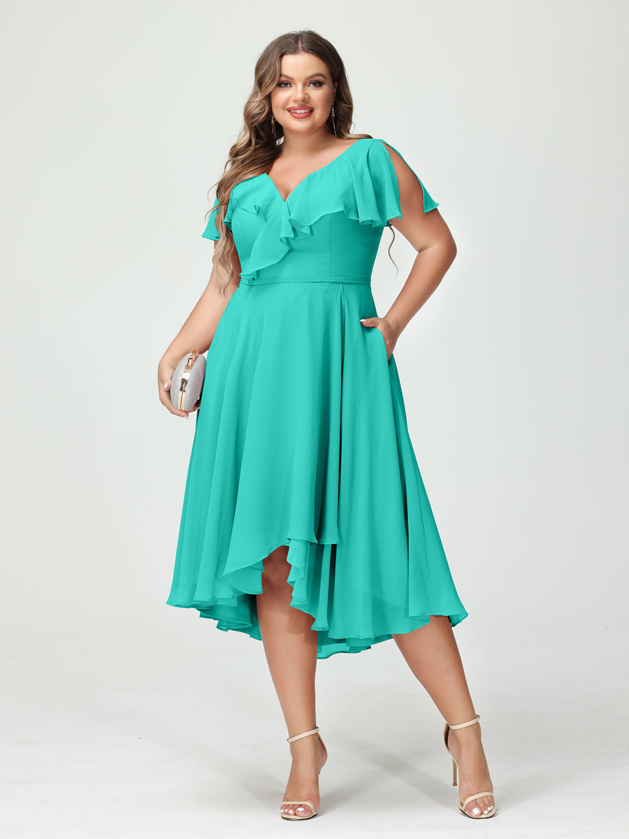 A-Line/Princess V-Neck Short Sleeves Chiffon Ruffles High-Low Plus Size Bridesmaid Dresses with Pockets Turquoise