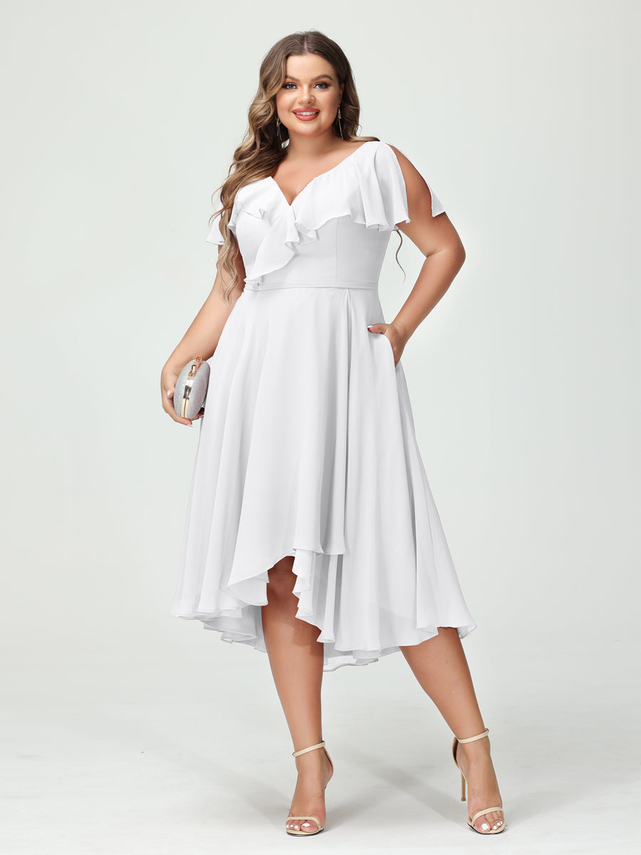 A-Line/Princess V-Neck Short Sleeves Chiffon Ruffles High-Low Plus Size Bridesmaid Dresses with Pockets White