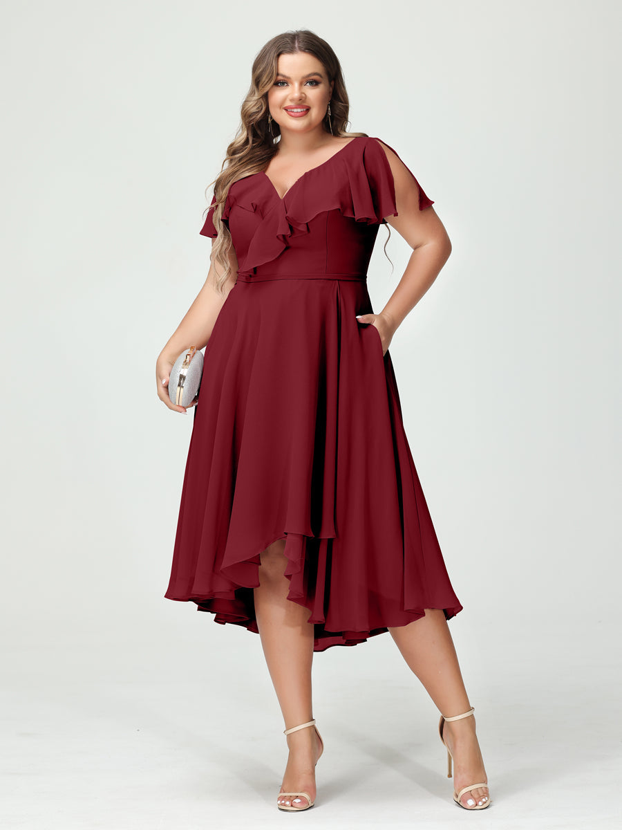 A-Line/Princess V-Neck Short Sleeves Chiffon Ruffles High-Low Plus Size Bridesmaid Dresses with Pockets Wine Red