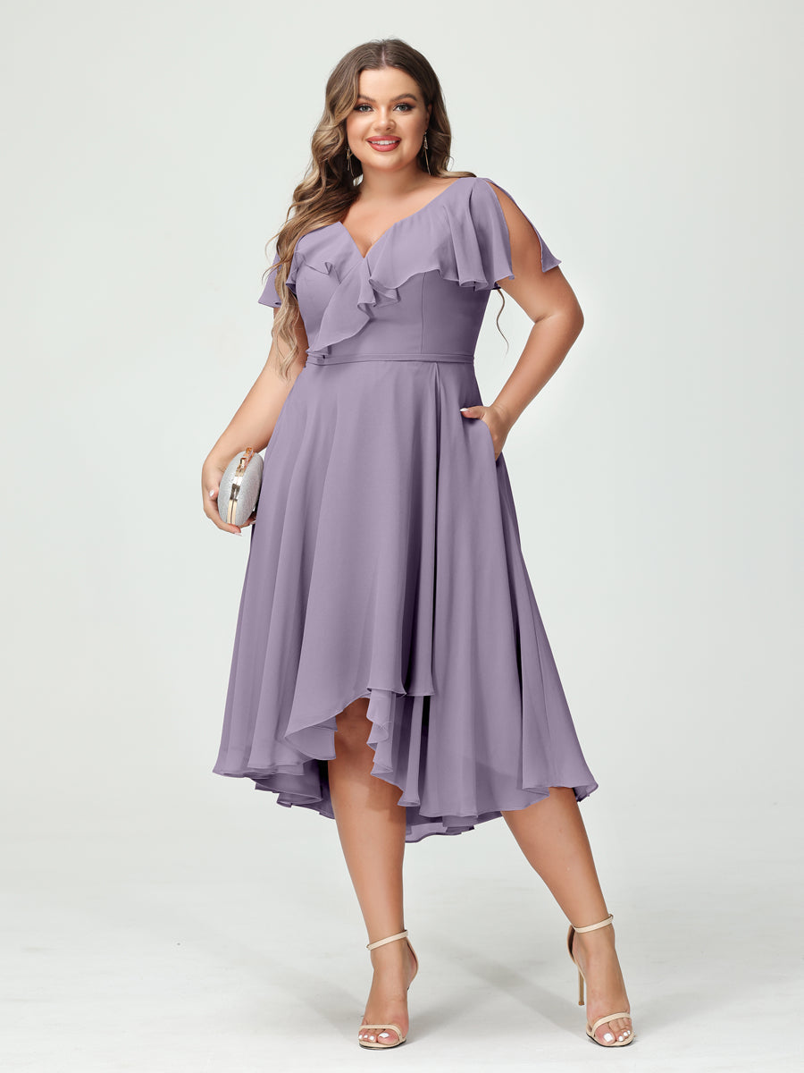 A-Line/Princess V-Neck Short Sleeves Chiffon Ruffles High-Low Plus Size Bridesmaid Dresses with Pockets Wisteria