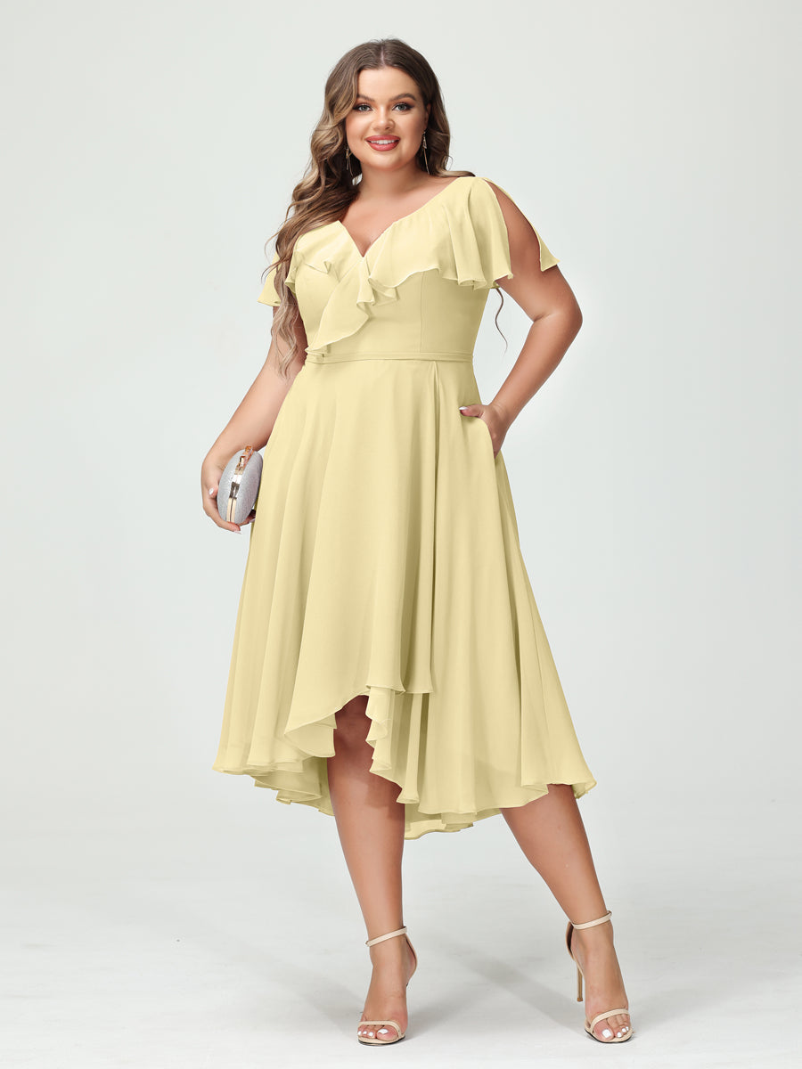 A-Line/Princess V-Neck Short Sleeves Chiffon Ruffles High-Low Plus Size Bridesmaid Dresses with Pockets Yellow