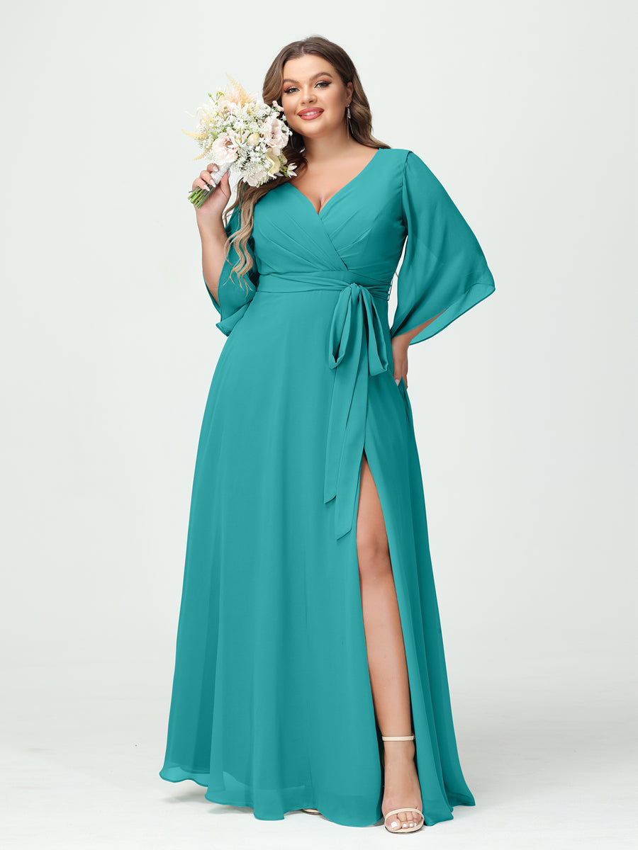 A-Line/Princess V-Neck Long Sleeves Chiffon Split Side Plus Size Bridesmaid Dresses With Pockets Belt Aqua Blue