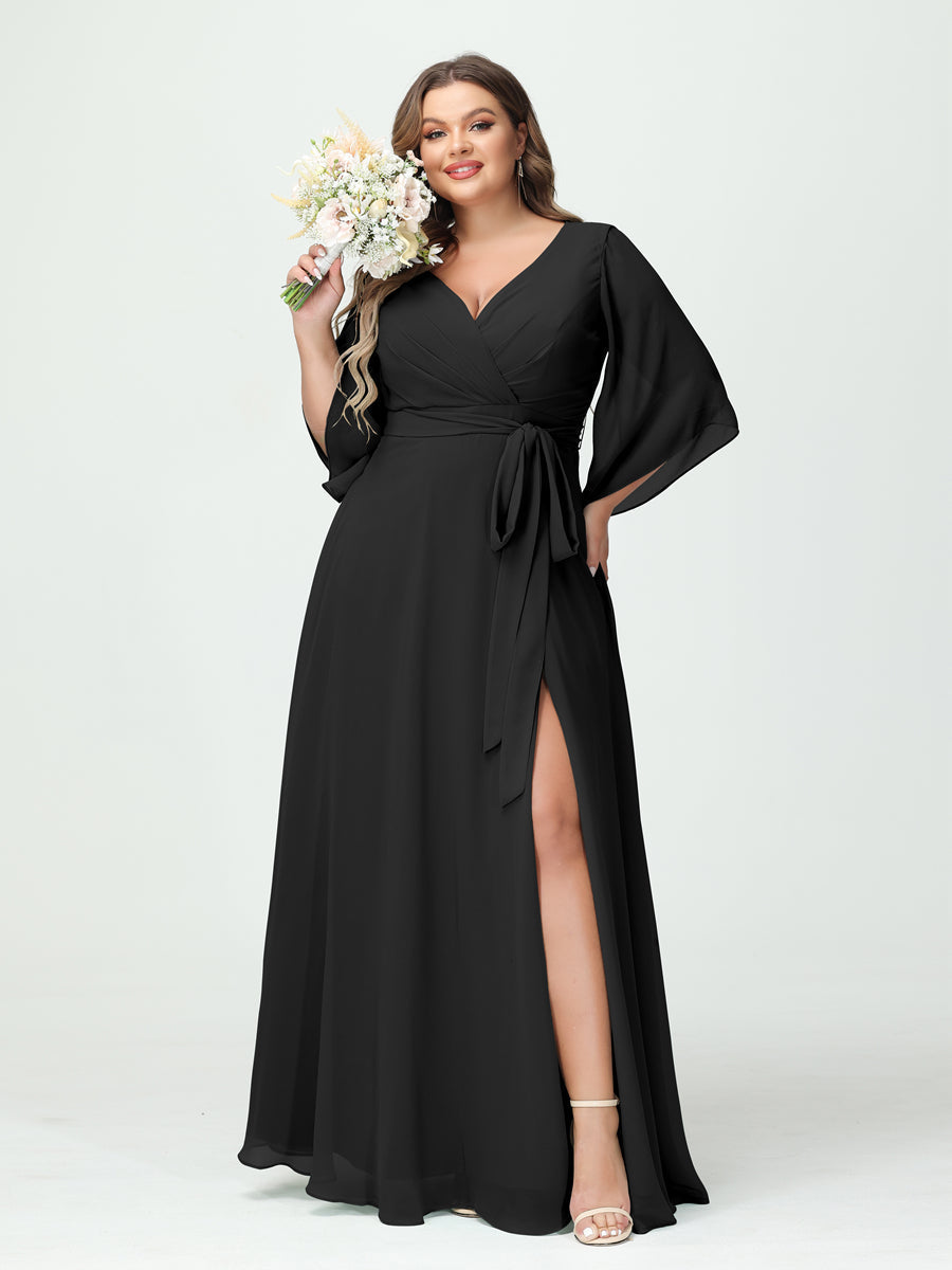 A-Line/Princess V-Neck Long Sleeves Chiffon Split Side Plus Size Bridesmaid Dresses With Pockets Belt Black