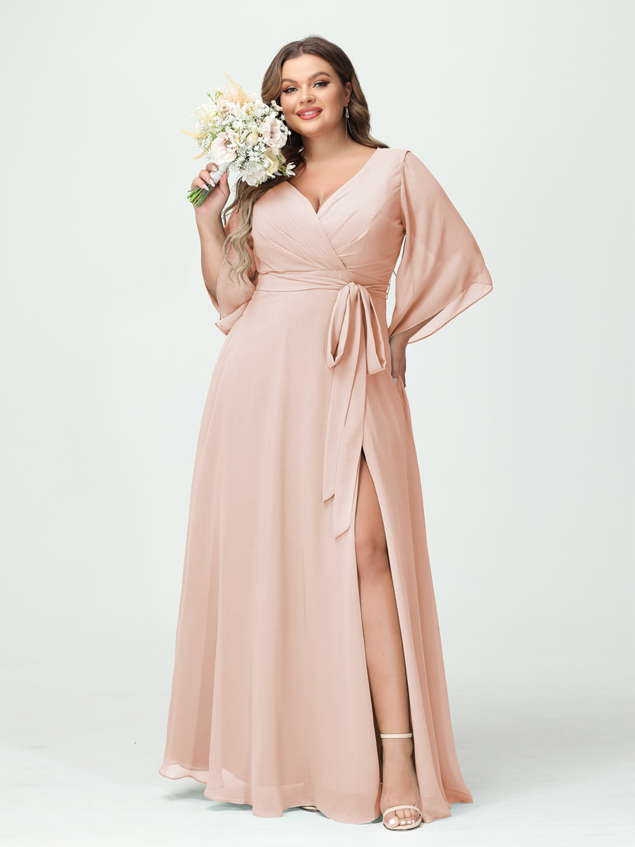 A-Line/Princess V-Neck Long Sleeves Chiffon Split Side Plus Size Bridesmaid Dresses With Pockets Belt Blush Pink