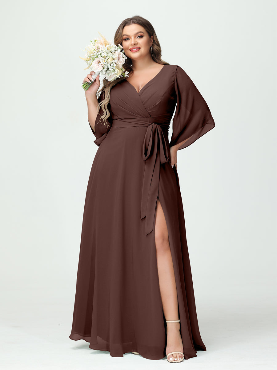 A-Line/Princess V-Neck Long Sleeves Chiffon Split Side Plus Size Bridesmaid Dresses With Pockets Belt Brown