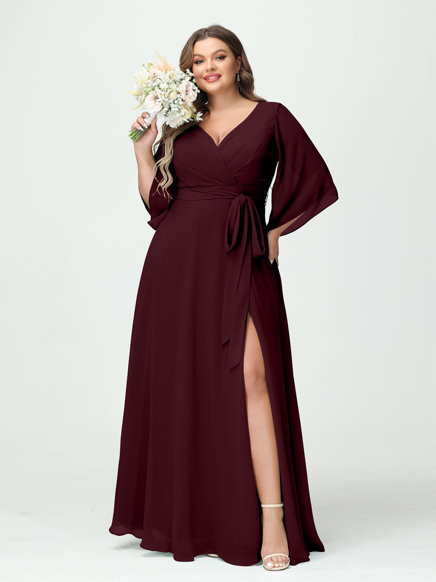 A-Line/Princess V-Neck Long Sleeves Chiffon Split Side Plus Size Bridesmaid Dresses With Pockets Belt Burgundy