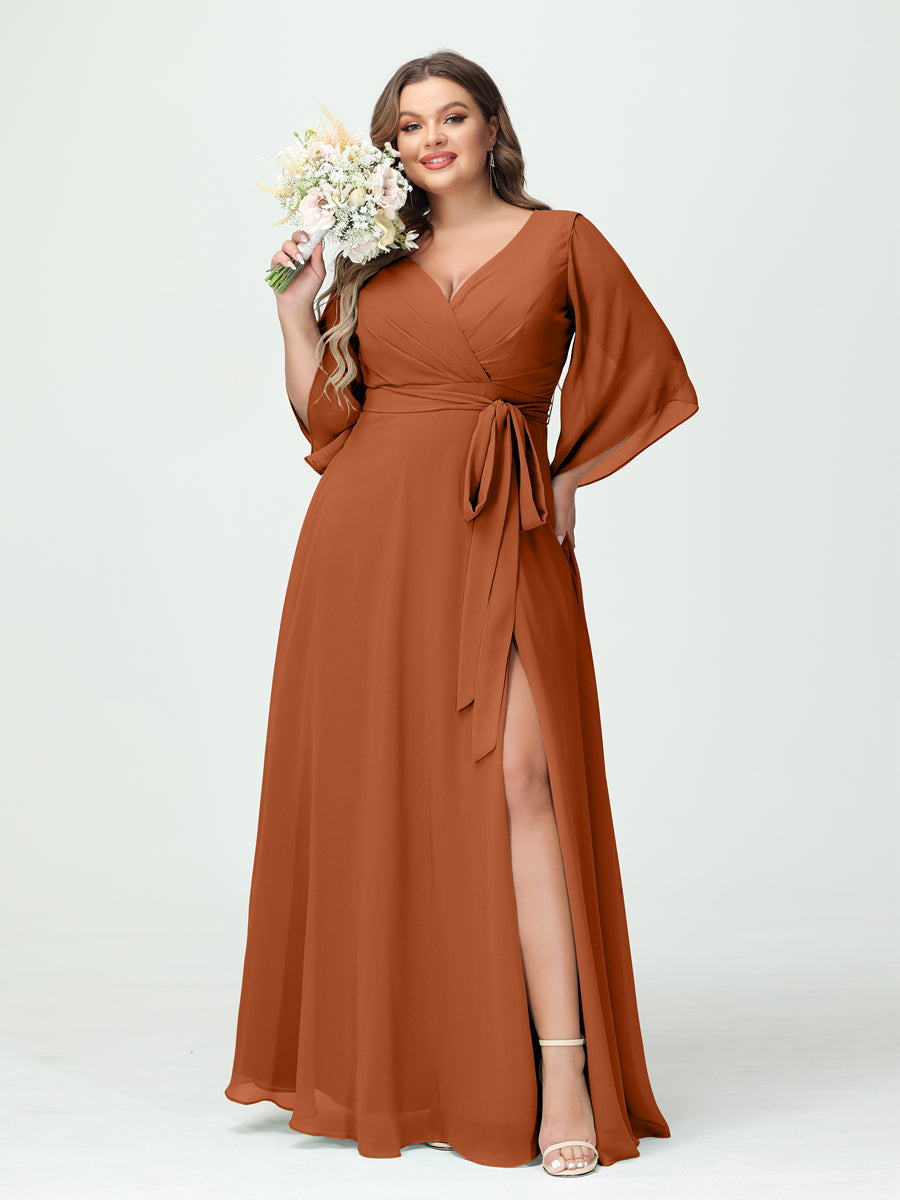 A-Line/Princess V-Neck Long Sleeves Chiffon Split Side Plus Size Bridesmaid Dresses With Pockets Belt Burnt Orange