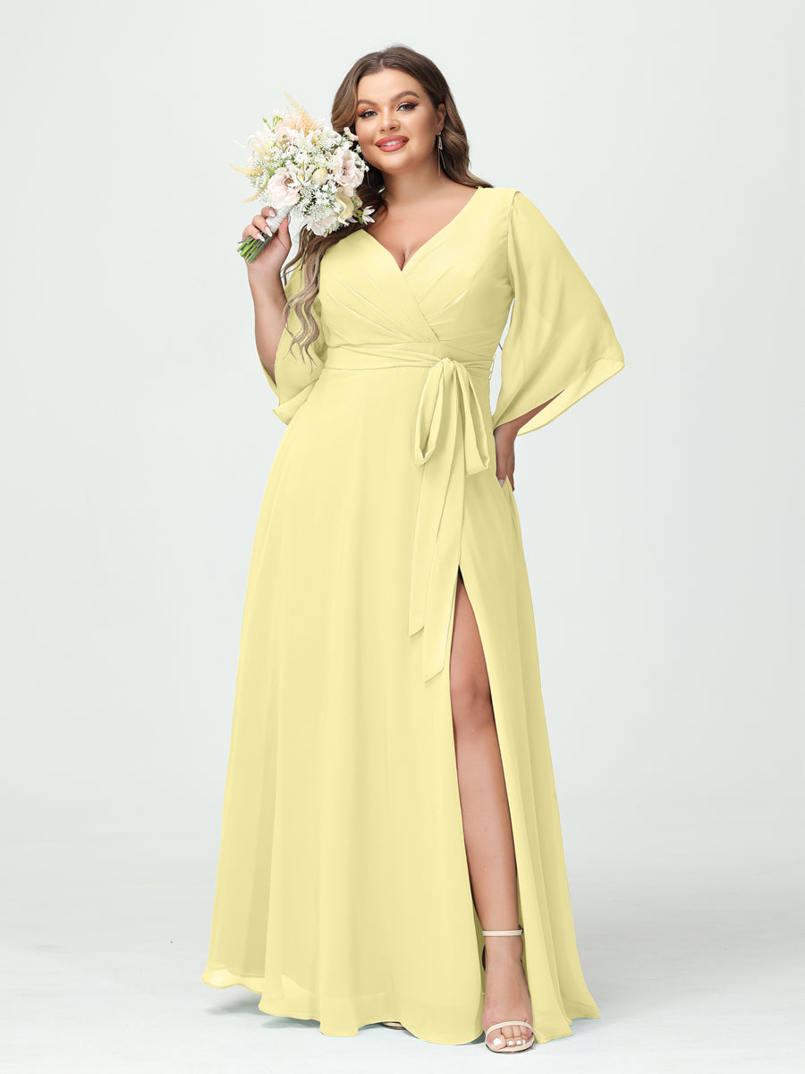 A-Line/Princess V-Neck Long Sleeves Chiffon Split Side Plus Size Bridesmaid Dresses With Pockets Belt Canary