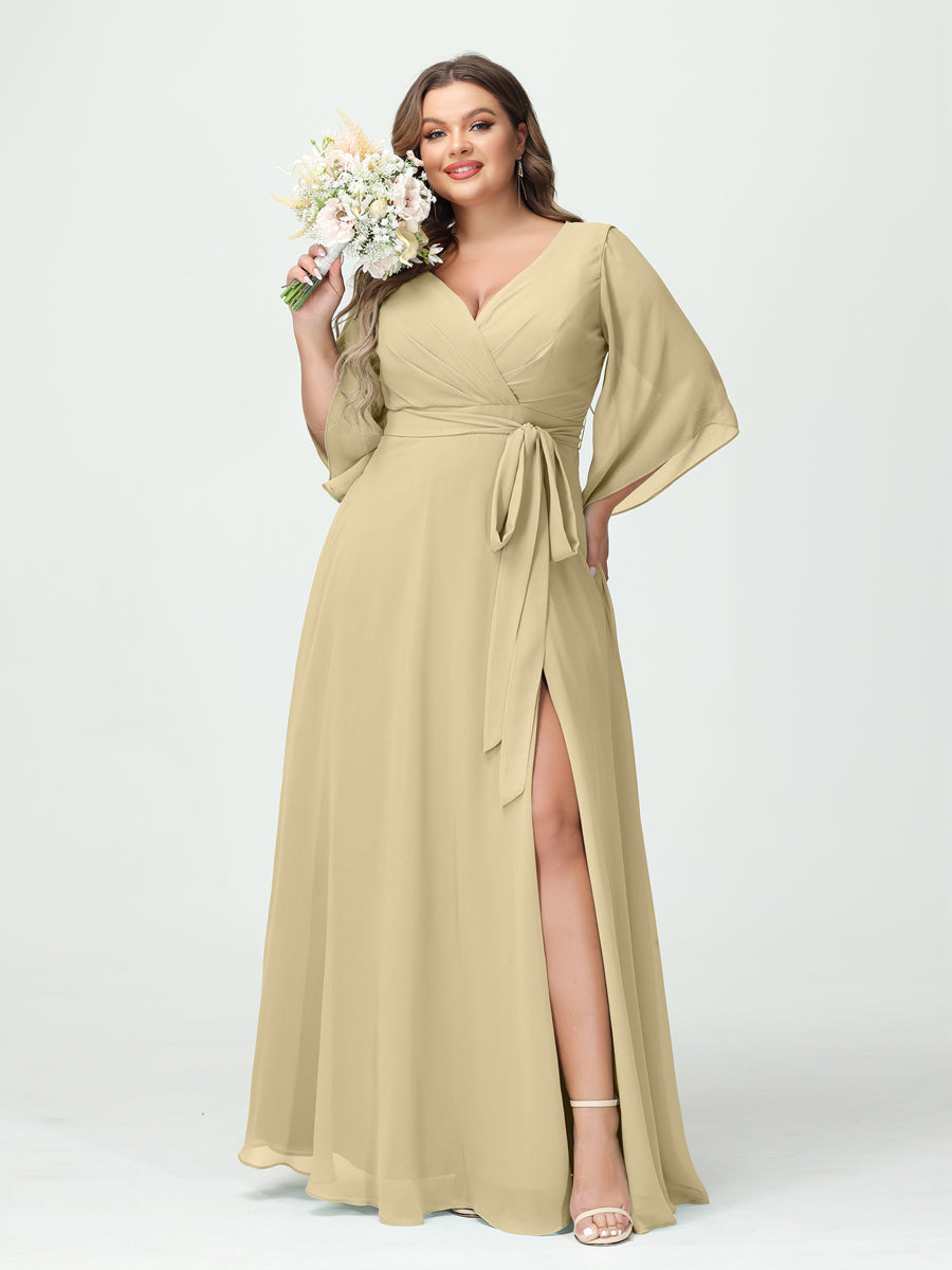 A-Line/Princess V-Neck Long Sleeves Chiffon Split Side Plus Size Bridesmaid Dresses With Pockets Belt Champagne